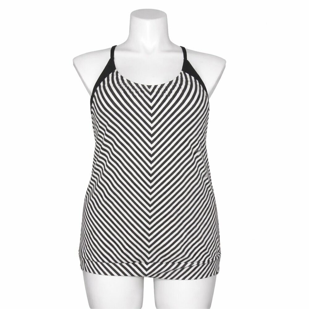 ATHLETA Blouson Tankini Black White Stripe Swim Top Size 38 B/C